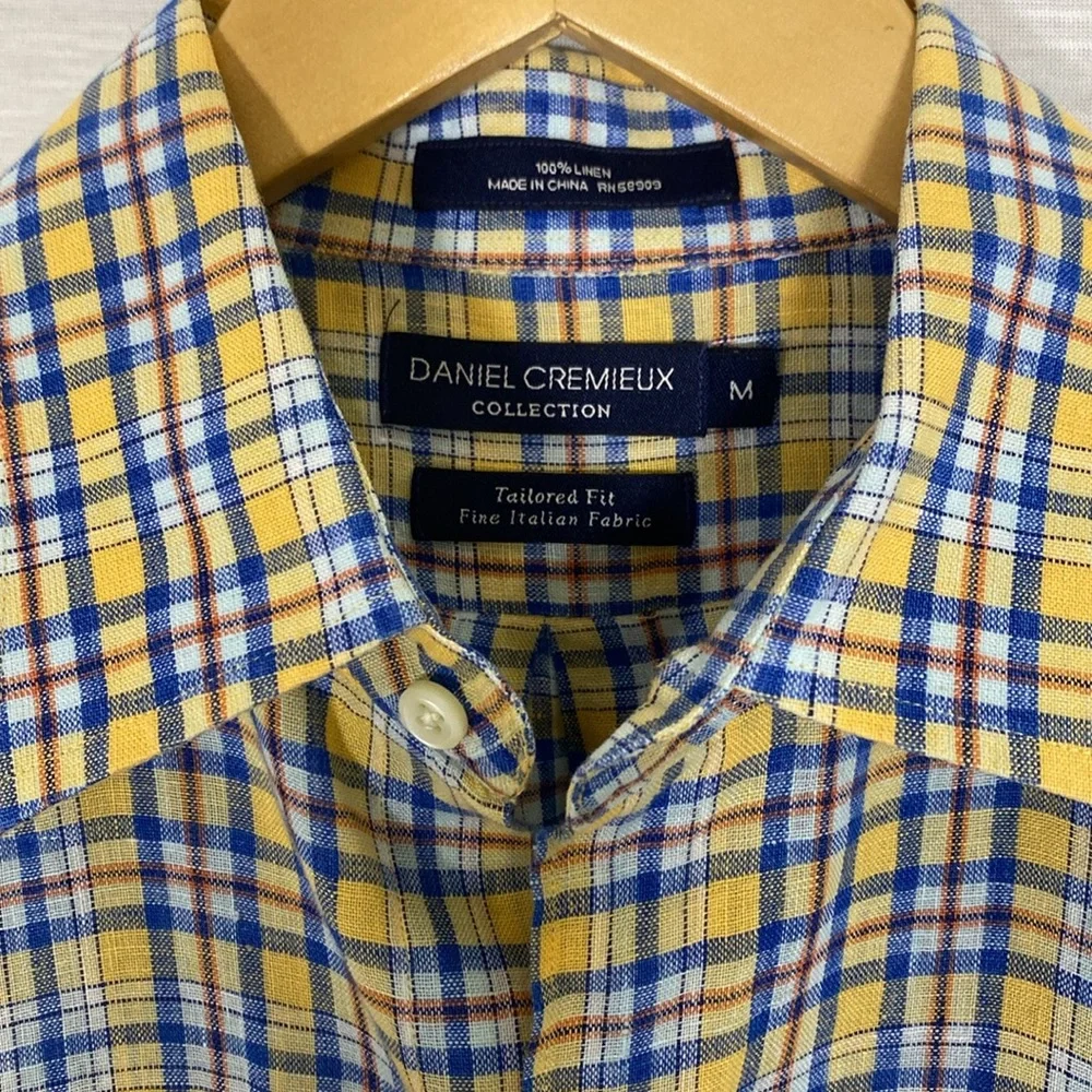 Daniel Cremieux‎ Yellow Blue Plaid 100% Linen Short Sleeve Men’s Shirt Size Med - Picture 3 of 7